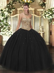 Black Tulle Lace Up Vestidos de Quinceanera Sleeveless Floor Length Beading