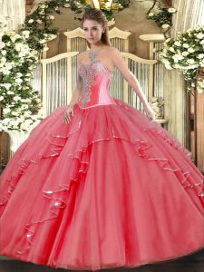 Tulle Sleeveless Floor Length Quince Ball Gowns and Beading and Ruffles