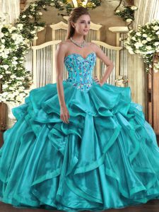 Glamorous Floor Length Ball Gowns Sleeveless Teal Quinceanera Dresses Lace Up