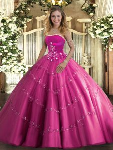 Hot Pink Sleeveless Floor Length Beading and Appliques Lace Up Quinceanera Dresses