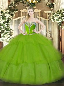 Suitable Tulle Lace Up Sweetheart Sleeveless Floor Length Sweet 16 Dress Beading and Ruffled Layers