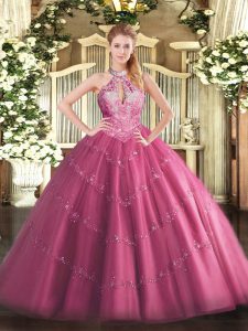 Most Popular Hot Pink Ball Gowns Lace and Appliques Quinceanera Dresses Lace Up Tulle Sleeveless Floor Length