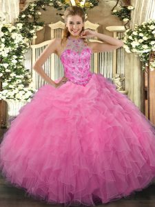 Luxury Halter Top Sleeveless Organza Quinceanera Dress Beading and Embroidery and Ruffles Lace Up