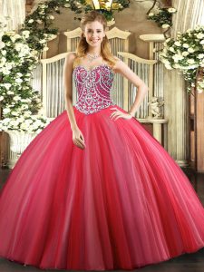 Gorgeous Coral Red Sleeveless Tulle Lace Up Quinceanera Dress for Military Ball and Sweet 16 and Quinceanera