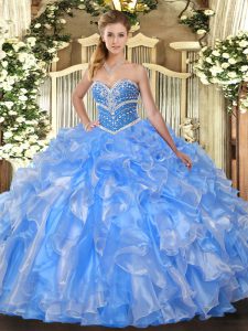 Eye-catching Sweetheart Sleeveless Lace Up Quince Ball Gowns Baby Blue Organza