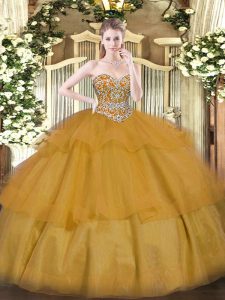 Fashion Brown Organza Lace Up Sweetheart Sleeveless Floor Length Sweet 16 Quinceanera Dress Beading and Ruffled Layers