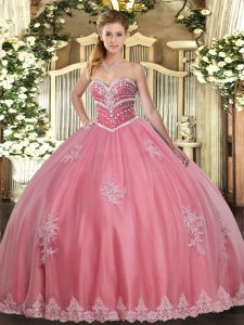 Customized Watermelon Red Sleeveless Floor Length Beading and Appliques Lace Up Sweet 16 Dresses