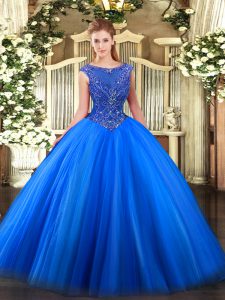 Fashionable Royal Blue Ball Gowns Scoop Sleeveless Tulle Floor Length Zipper Beading and Appliques Vestidos de Quinceanera