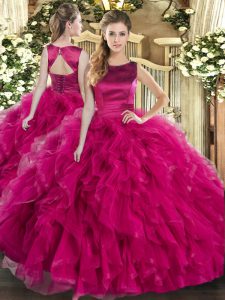 Fuchsia Ball Gowns Ruffles Quince Ball Gowns Lace Up Tulle Sleeveless Floor Length