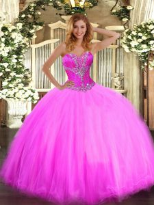Customized Fuchsia Ball Gowns Sweetheart Sleeveless Tulle Floor Length Lace Up Beading Sweet 16 Dresses