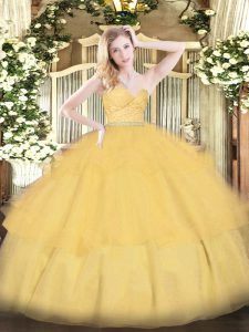 Sleeveless Zipper Floor Length Beading and Lace and Ruffled Layers Quinceanera Gown