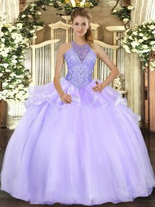 Smart Halter Top Sleeveless Quinceanera Gowns Floor Length Beading Lavender Organza