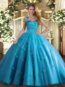 Chic Baby Blue Lace Up Sweet 16 Quinceanera Dress Appliques Sleeveless Floor Length
