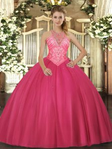 Spectacular Hot Pink Ball Gowns Beading Quinceanera Gown Lace Up Tulle Sleeveless Floor Length