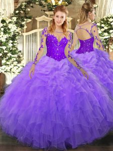 Fitting Organza Scoop Long Sleeves Lace Up Lace and Ruffles Ball Gown Prom Dress in Lavender
