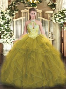 Adorable Halter Top Sleeveless Quinceanera Dresses Floor Length Beading and Ruffles Olive Green Organza