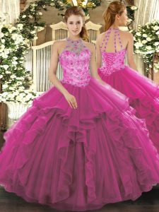 Deluxe Fuchsia Quinceanera Gowns Military Ball and Sweet 16 and Quinceanera with Beading Halter Top Sleeveless Lace Up