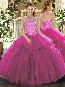 Deluxe Fuchsia Quinceanera Gowns Military Ball and Sweet 16 and Quinceanera with Beading Halter Top Sleeveless Lace Up