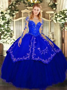 Floor Length Lace Up 15th Birthday Dress Royal Blue for Military Ball and Sweet 16 and Quinceanera with Lace and Embroidery