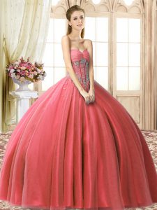 Ball Gowns Quinceanera Dresses Coral Red Sweetheart Tulle Sleeveless Floor Length Lace Up