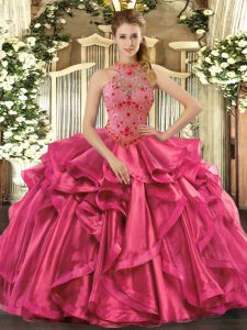 Comfortable Hot Pink Halter Top Lace Up Beading and Embroidery and Ruffles Vestidos de Quinceanera Sleeveless
