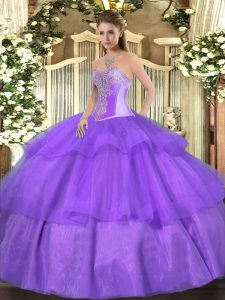 Lavender Sleeveless Floor Length Beading and Ruffled Layers Lace Up Quinceanera Gown