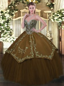 Sleeveless Taffeta and Tulle Floor Length Lace Up 15th Birthday Dress in Brown with Beading and Embroidery