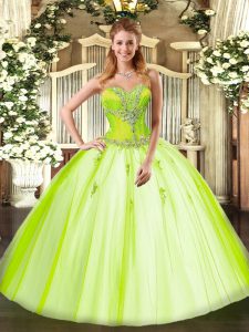 Sleeveless Floor Length Beading Lace Up Sweet 16 Dress with Yellow Green