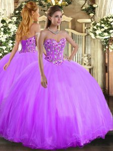 Pretty Lavender Ball Gowns Organza and Tulle Sweetheart Sleeveless Embroidery Floor Length Lace Up Quince Ball Gowns
