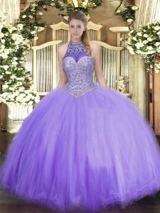 New Arrival Ball Gowns Quinceanera Gowns Lavender Halter Top Tulle Sleeveless Floor Length Lace Up