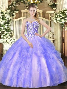 Fitting Lavender Tulle Lace Up 15 Quinceanera Dress Sleeveless High Low Beading and Ruffles