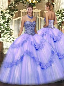 Discount Lavender Sleeveless Floor Length Beading and Appliques and Ruffles Lace Up Quinceanera Gown