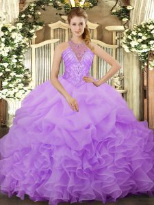 Super Ball Gowns Ball Gown Prom Dress Lavender Halter Top Organza Sleeveless Floor Length Lace Up