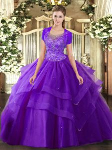 Noble Purple Ball Gowns Beading and Ruffles Sweet 16 Quinceanera Dress Clasp Handle Tulle Sleeveless Floor Length