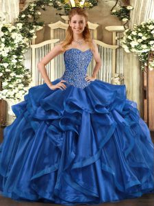 Flare Blue Sleeveless Floor Length Beading and Ruffles Lace Up Quinceanera Dresses