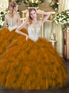 Wonderful Brown Ball Gowns Tulle Scoop Sleeveless Beading and Ruffles Floor Length Zipper 15 Quinceanera Dress