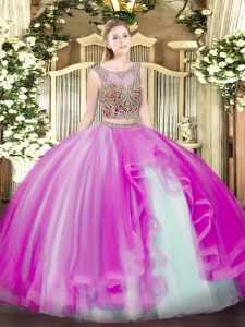 Fuchsia Two Pieces Scoop Sleeveless Tulle Floor Length Lace Up Beading and Ruffles Quinceanera Gowns