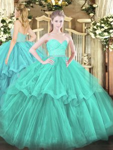 Romantic Turquoise Tulle Zipper Sweetheart Sleeveless Sweet 16 Dress Brush Train Beading and Lace and Ruffled Layers