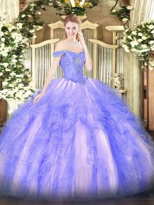Ideal Off The Shoulder Sleeveless Tulle Quinceanera Dresses Beading and Ruffles Lace Up