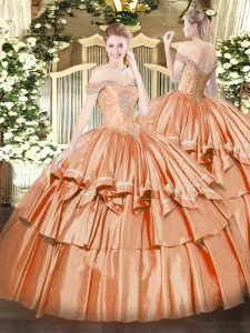 Glamorous Orange Red Organza Lace Up Off The Shoulder Sleeveless Floor Length 15th Birthday Dress Beading and Ruffled Layers