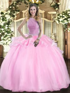 Fine Pink Lace Up Quinceanera Dresses Beading Sleeveless Floor Length