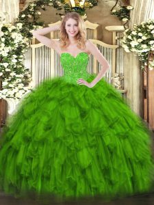 Discount Green Organza Lace Up Quinceanera Gown Sleeveless Floor Length Beading and Ruffles