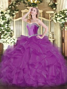 Most Popular Fuchsia Ball Gowns Organza Sweetheart Sleeveless Beading and Ruffles Floor Length Lace Up Quinceanera Dress