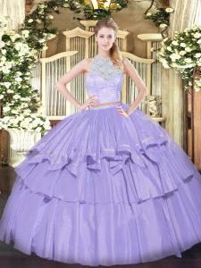 Flirting Lavender Zipper Sweet 16 Dresses Lace and Ruffled Layers Sleeveless Floor Length