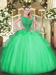 Custom Fit Sleeveless Floor Length Beading and Ruffles Zipper Quinceanera Dresses with Apple Green