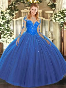 Fashionable Scoop Long Sleeves Ball Gown Prom Dress Floor Length Lace Blue Tulle