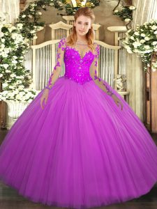 Exceptional Floor Length Fuchsia Quinceanera Dresses Tulle Long Sleeves Lace