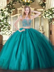 High End Teal Lace Up Sweet 16 Dress Beading Sleeveless Floor Length