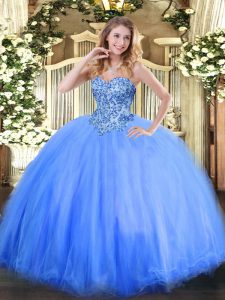 Blue Ball Gowns Sweetheart Sleeveless Tulle Floor Length Lace Up Appliques Sweet 16 Quinceanera Dress