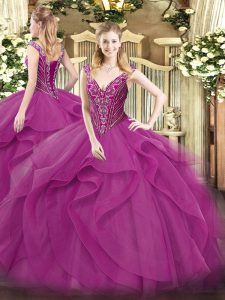 Beauteous Ball Gowns Sweet 16 Dresses Lilac V-neck Tulle Sleeveless Floor Length Lace Up